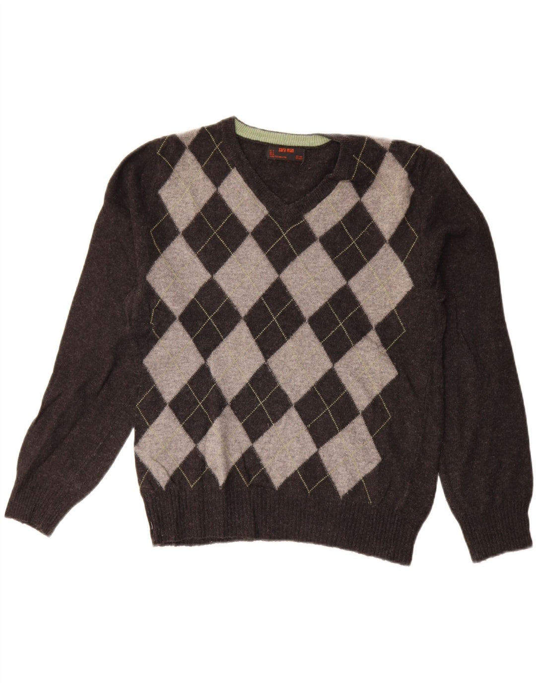 Męski sweter ZARA z dekoltem w kształcie litery V, średnioszary, argyle/diamentowa wełna