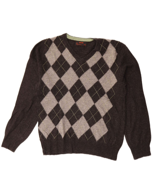 Męski sweter ZARA z dekoltem w kształcie litery V, średnioszary, argyle/diamentowa wełna
