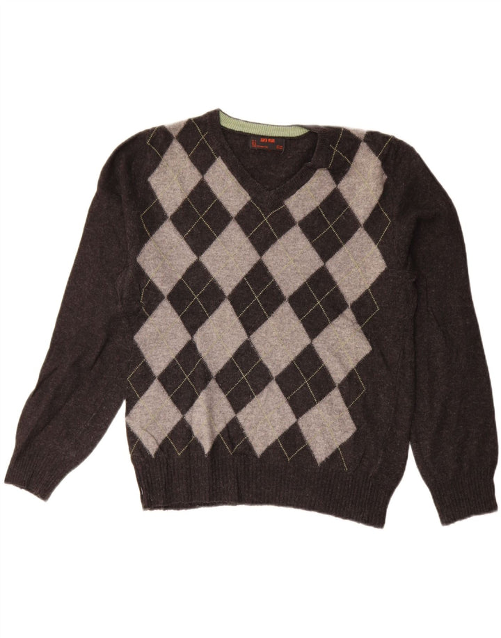 Męski sweter ZARA z dekoltem w kształcie litery V, średnioszary, argyle/diamentowa wełna