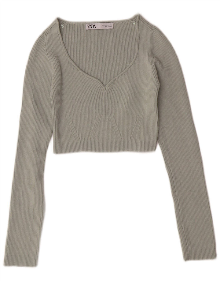 Damski sweter ZARA z dekoltem w kształcie litery V, UK 8, mały, zielony poliester