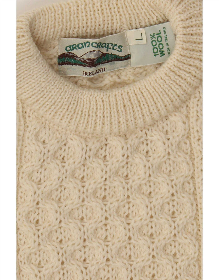 Aran Crafts Męski sweter z okrągłym dekoltem, duży, beżowy, wełniany