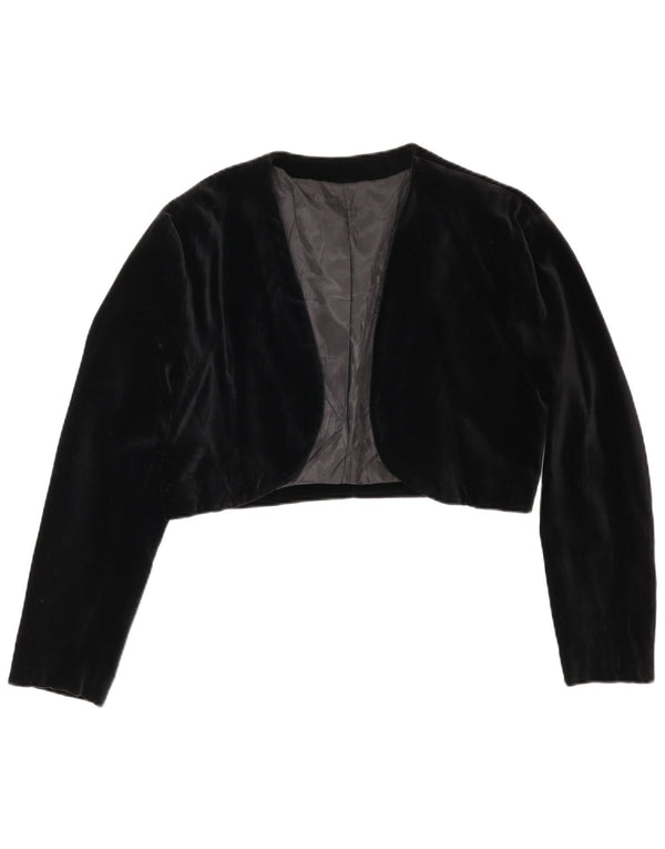 Vintage damska, oversize'owa, otwarta aksamitna bolerko UK 10, mała czarna bawełna