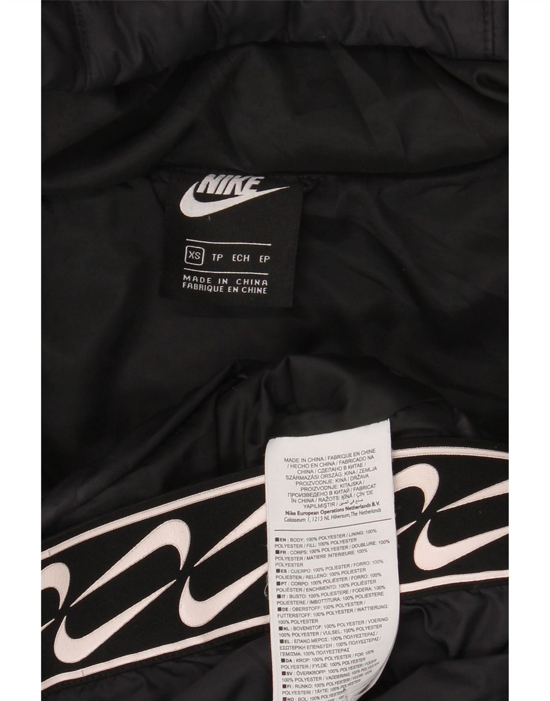 Damska wyściełana kurtka z kapturem i grafiką Nike UK 6 XS, czarna, poliestrowa