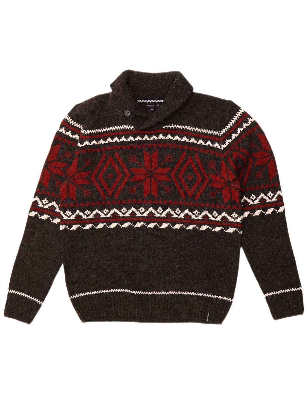 Sweter męski w stylu vintage z szalowym dekoltem, średnio szary Fair Isle