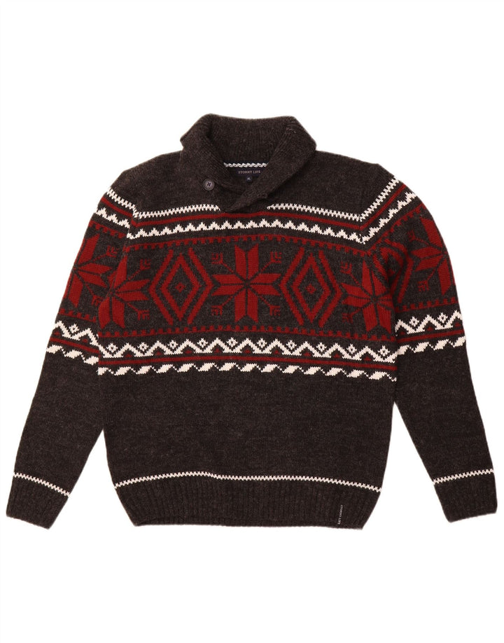 Sweter męski w stylu vintage z szalowym dekoltem, średnio szary Fair Isle