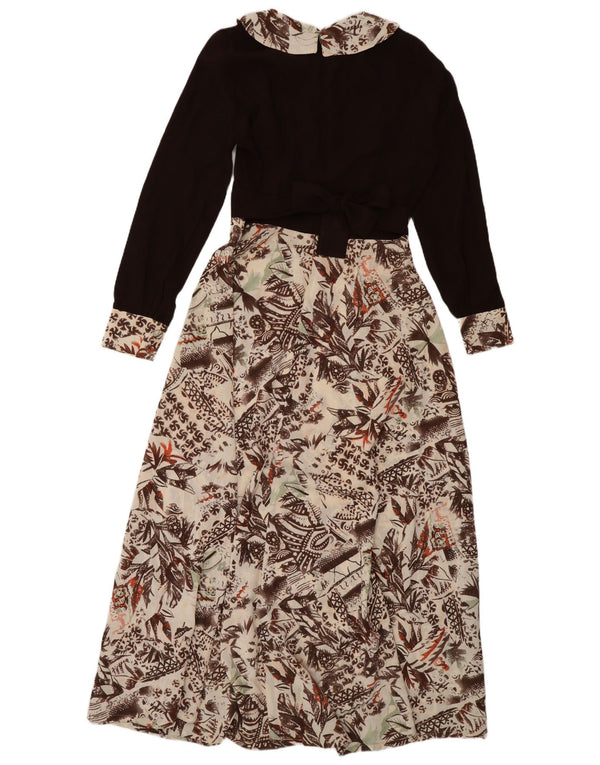 Damska sukienka maxi z długim rękawem w stylu vintage UK 12 Średni brązowy kwiatowy