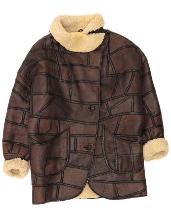 Vintage damski płaszcz z owczej skóry UK 18 XL, brązowy patchwork