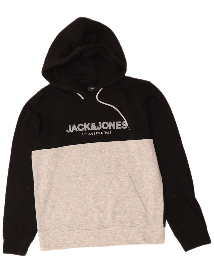 JACK & JONES Męski sweter z kapturem i grafiką, mały, czarny, bawełniany w bloki kolorów