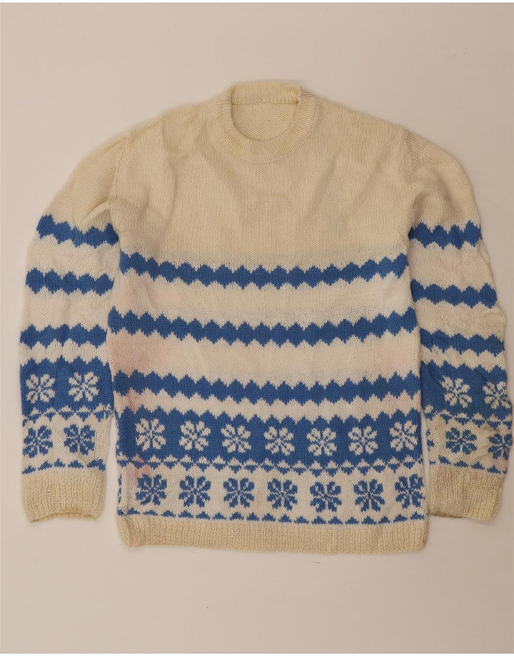 Męski sweter z okrągłym dekoltem w stylu VINTAGE, średni, złamany biały Fair Isle