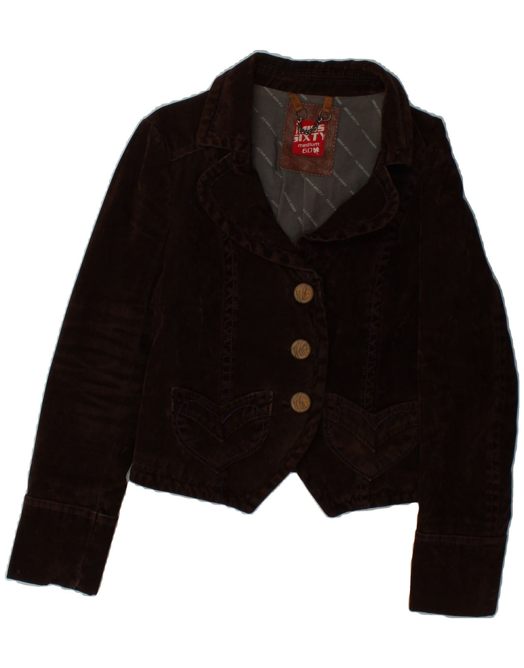 MISS SIXTY Womens Crop 3 Button Blazer Jacket UK 12 Medium Brown Cotton Vintage Miss Sixty and Second-Hand Miss Sixty from Messina Hembry 