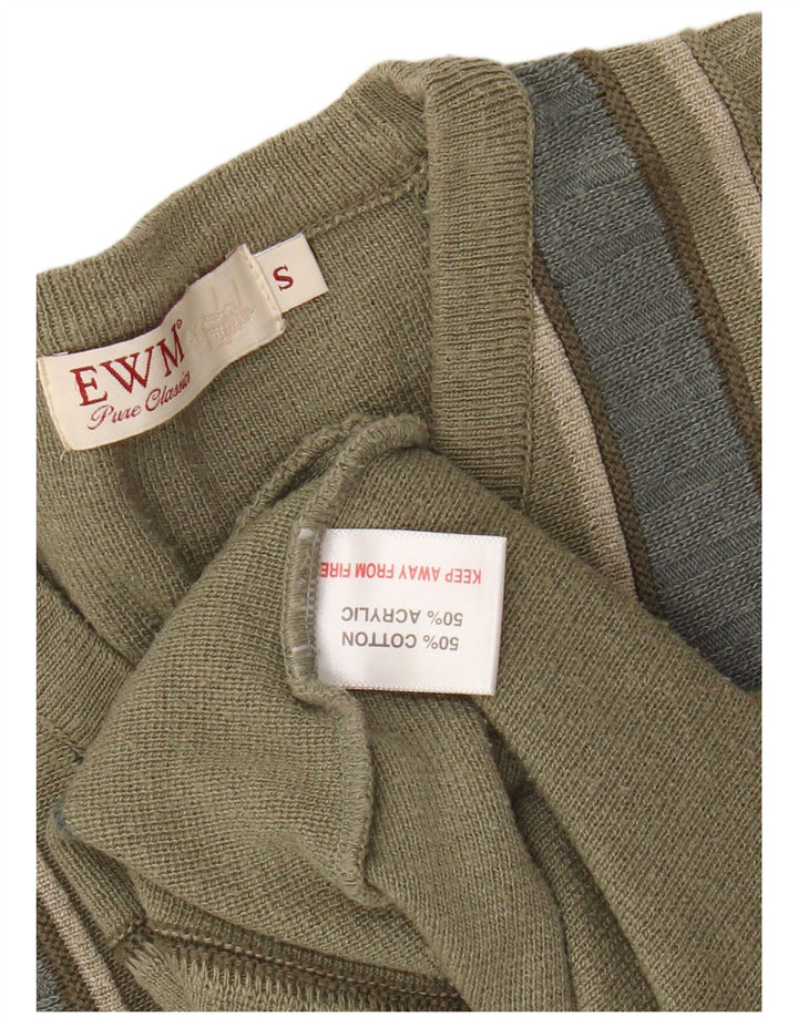 Męski sweter EWM z dekoltem w kształcie litery V, mały, bawełniany w paski khaki