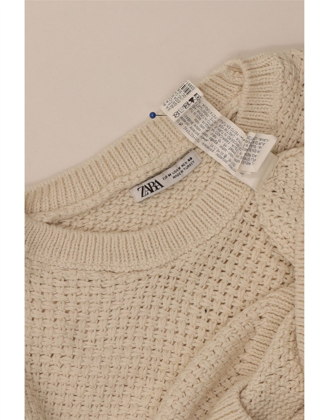 Męski sweter z okrągłym dekoltem ZARA, średni beżowy poliester