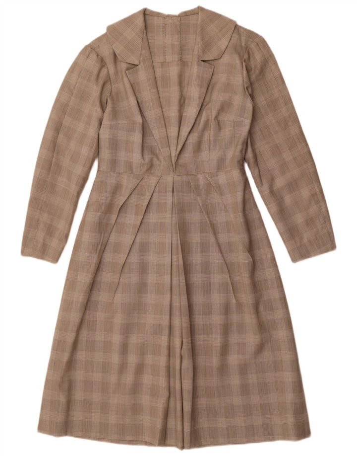 Vintage damska sukienka o linii A z długim rękawem UK 12, średnia szara kratka