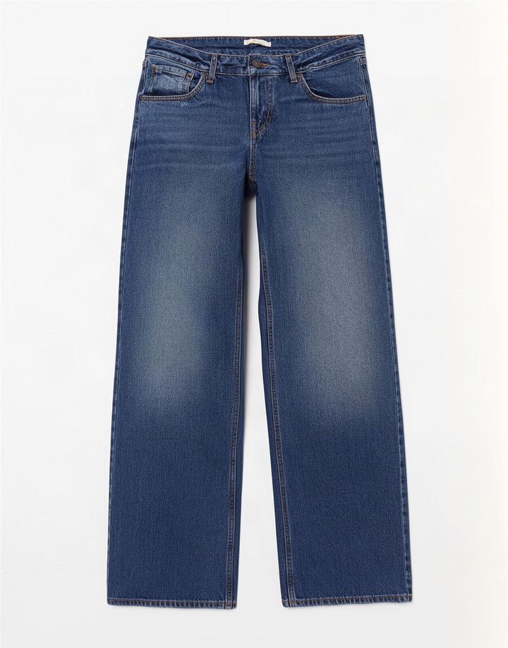 Damskie jeansy Levi's z bardzo niską szeroką nogawką W31 L34, niebieska bawełna