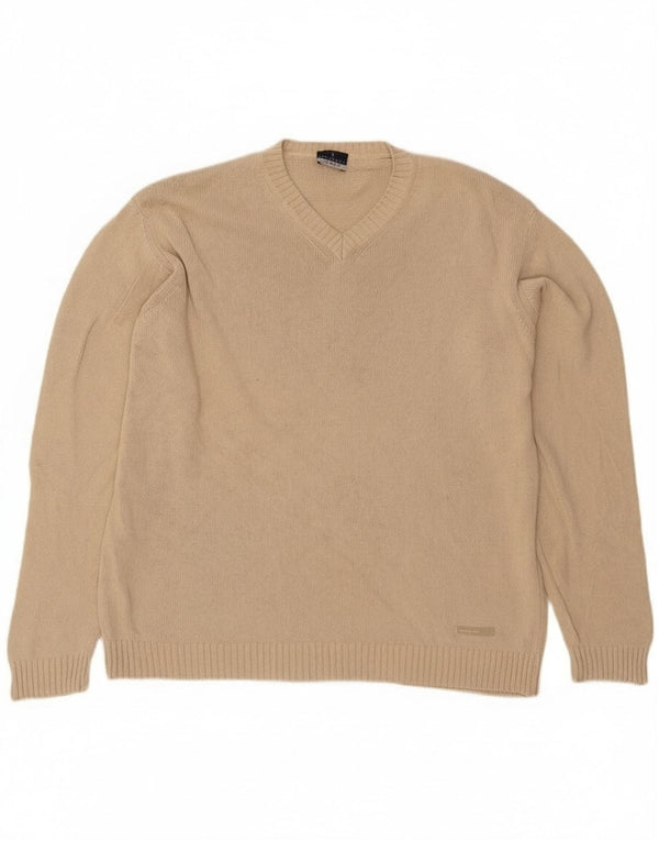 Trussardi Mens V-Neck Jumper Sweater Large Beige Cotton