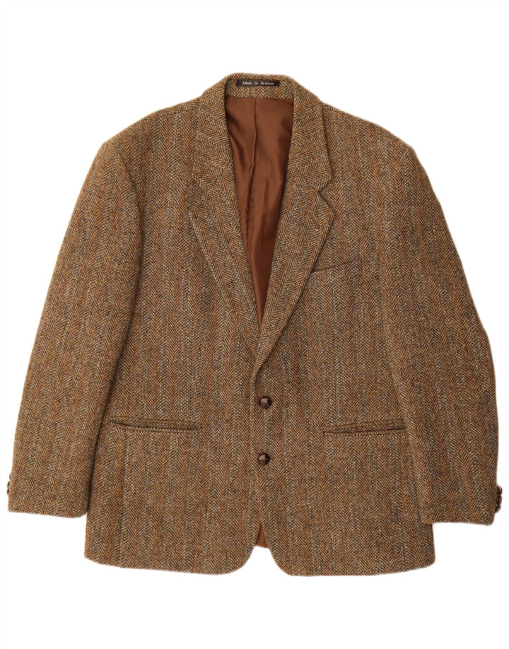 Męska marynarka zapinana na 2 guziki Harris Tweed UK 44 2XL Brązowa wełna w jodełkę