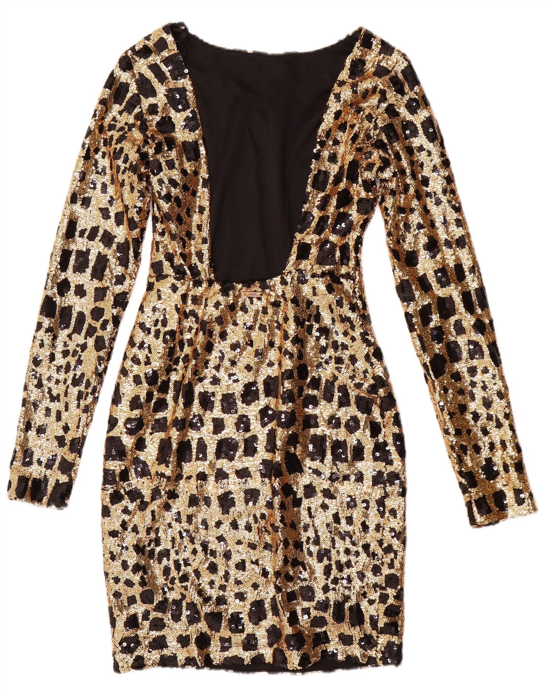 Damska obcisła sukienka GUESS z długim rękawem i cekinami, UK 6 XS, złota, geometryczna