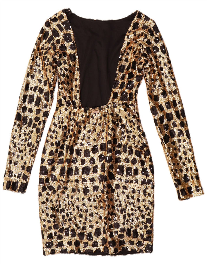 Damska obcisła sukienka GUESS z długim rękawem i cekinami, UK 6 XS, złota, geometryczna