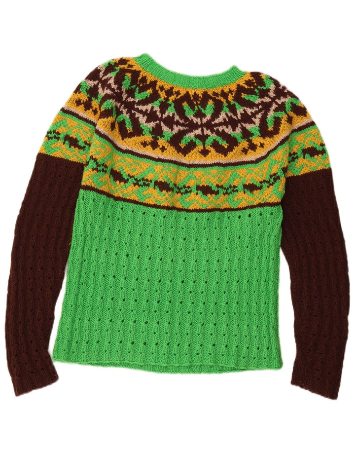 Sweter damski VINTAGE z dekoltem w łódkę UK 12 Średni zielony Fair Isle