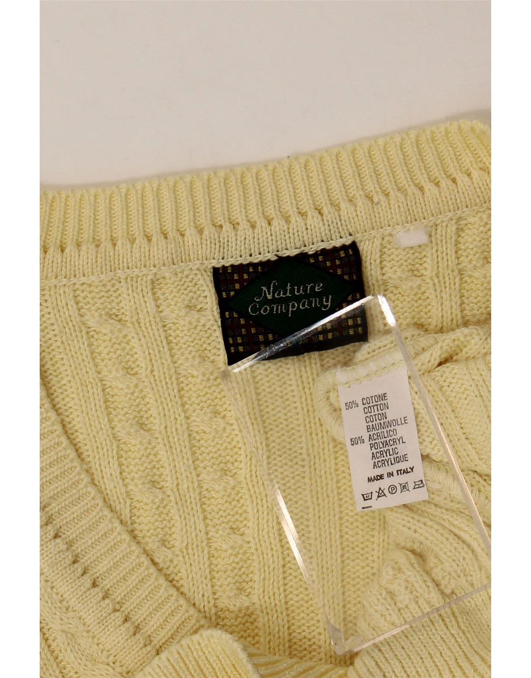 Sweter męski w stylu vintage z dekoltem w szpic, średniożółty, bawełniany