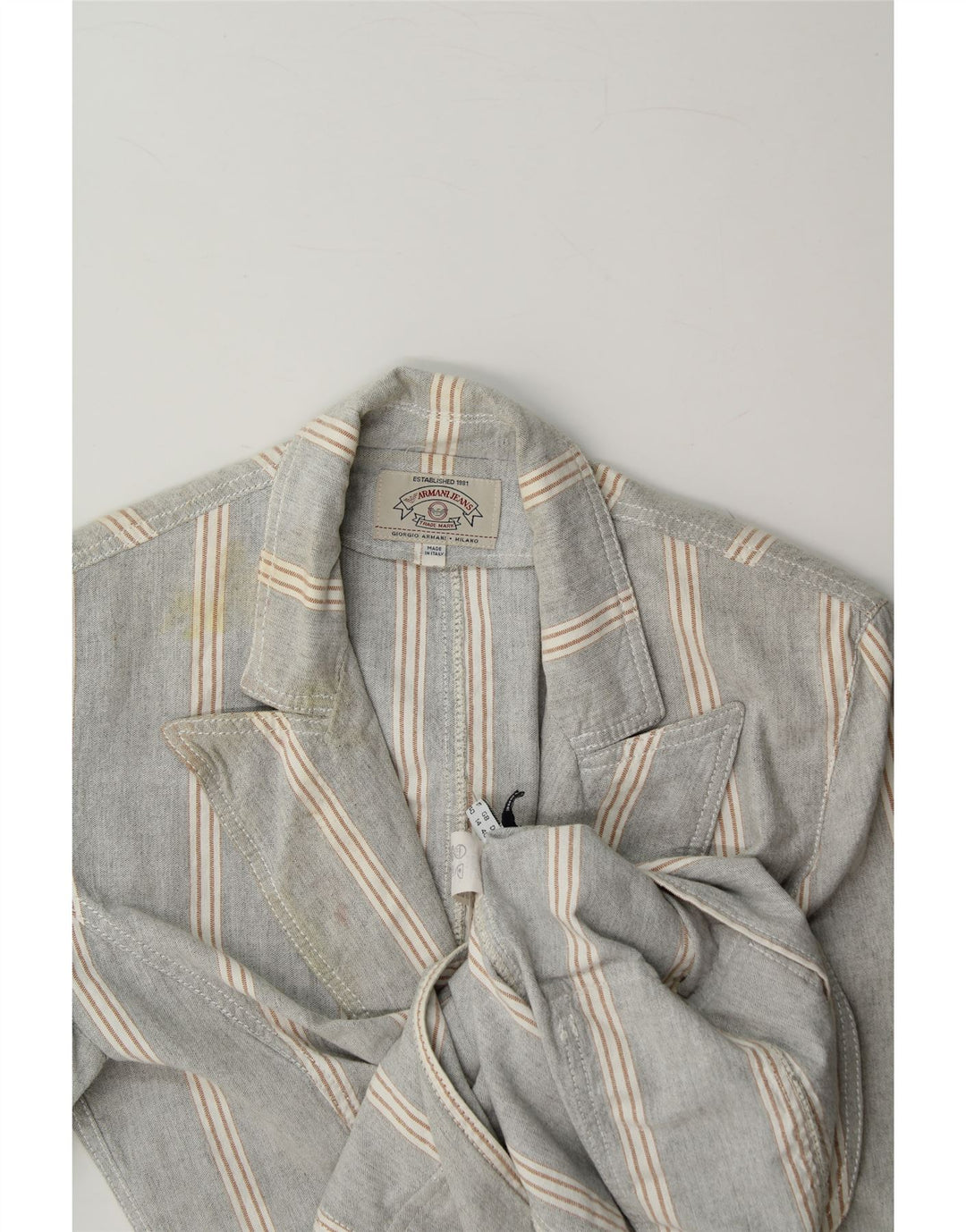 ARMANI JEANS Womens 1 Button Blazer Jacket UK 14 Large Grey Striped Cotton Vintage Armani Jeans and Second-Hand Armani Jeans from Messina Hembry 