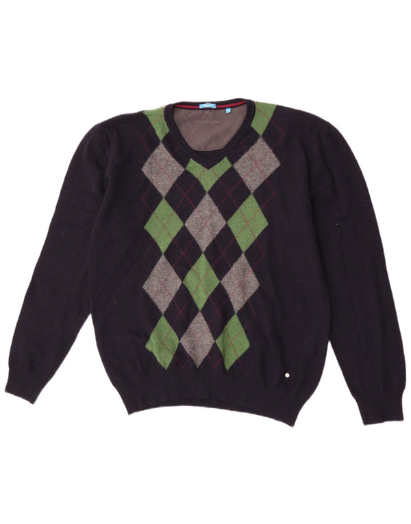 Burlington Męski sweter z dekoltem w kształcie litery V, XL, granatowy Argyle/Diament