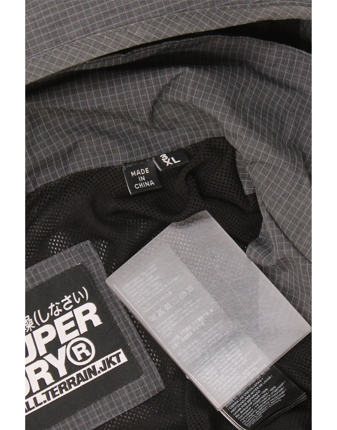 Męska kurtka przeciwdeszczowa z kapturem Superdry Graphic UK 46 3XL Szara, poliestrowa kratka