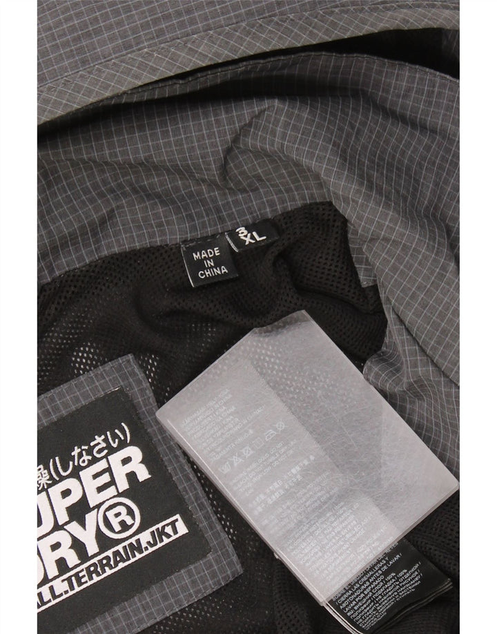 Męska kurtka przeciwdeszczowa z kapturem Superdry Graphic UK 46 3XL Szara, poliestrowa kratka