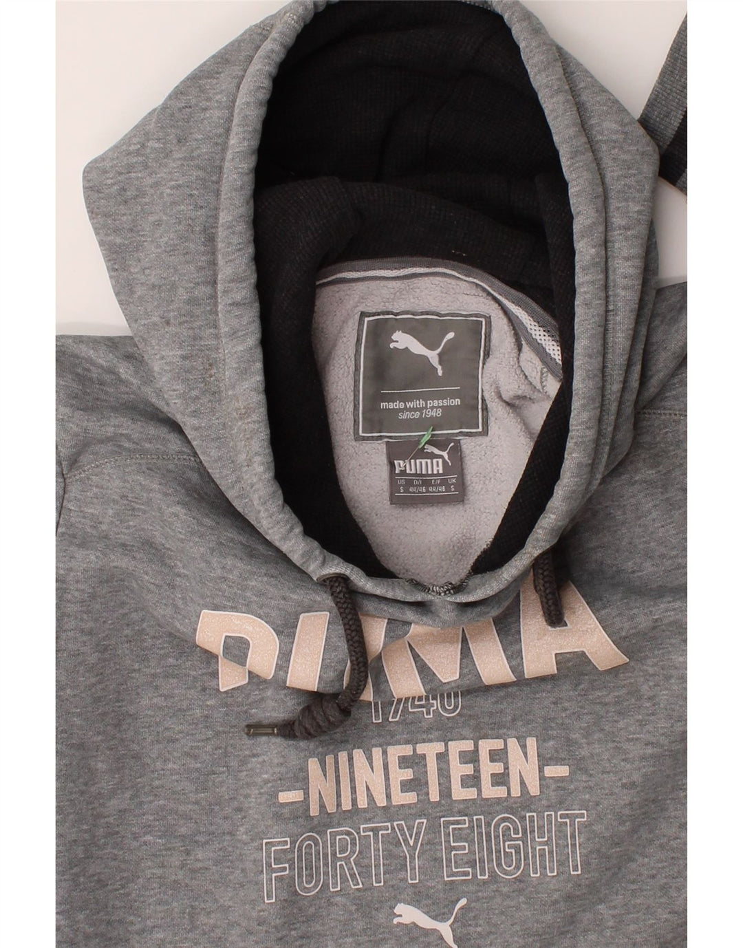 PUMA Mens Graphic Hoodie Jumper Small Grey Cotton Vintage Puma and Second-Hand Puma from Messina Hembry 