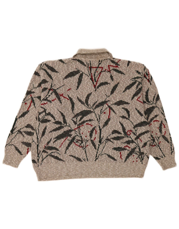 Sweter damski w stylu vintage, z dekoltem polo, UK 16, duży, szary w kwiaty