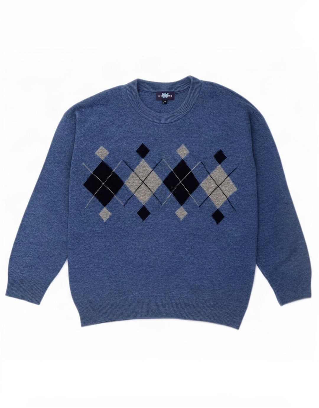 Weekendowy męski sweter z okrągłym dekoltem, średnioniebieski, argyle/diamentowa wełna