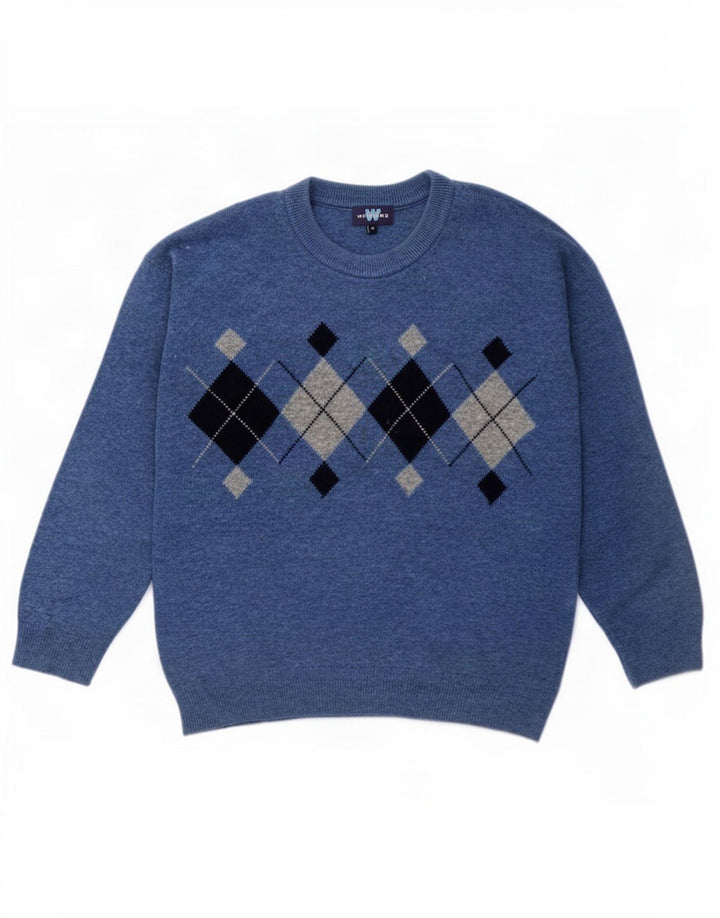 Weekendowy męski sweter z okrągłym dekoltem, średnioniebieski, argyle/diamentowa wełna