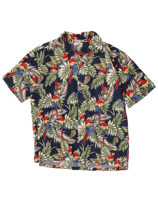 Vintage męska hawajska koszula z krótkim rękawem XL granatowa bawełniana w kwiaty