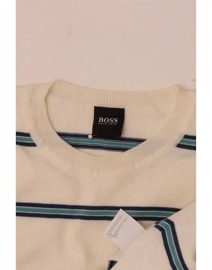 Męski sweter z okrągłym dekoltem Hugo Boss, bawełniany w średnie białe paski