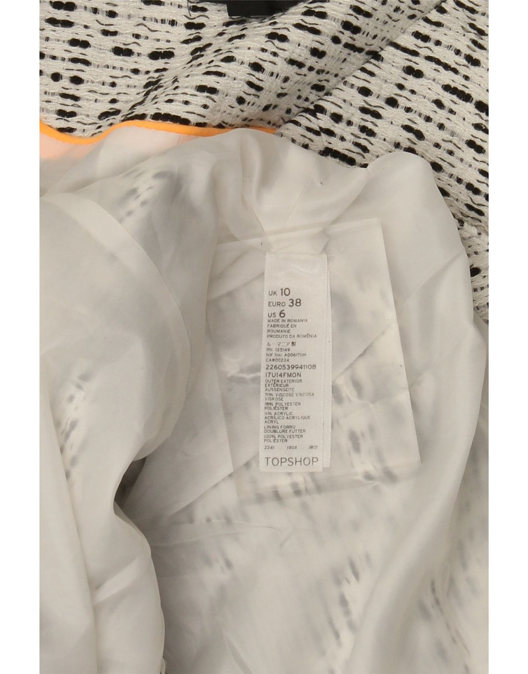 Damska otwarta marynarka Topshop UK 10 Small, biała, nakrapiana wiskoza