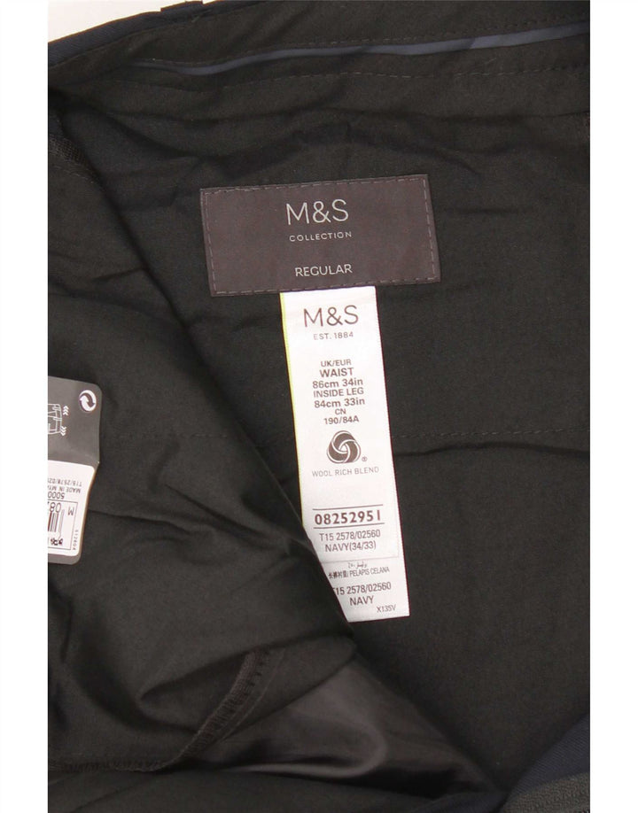 Męskie spodnie garniturowe Marks & Spencer W34 L33 Granatowo-wełniane