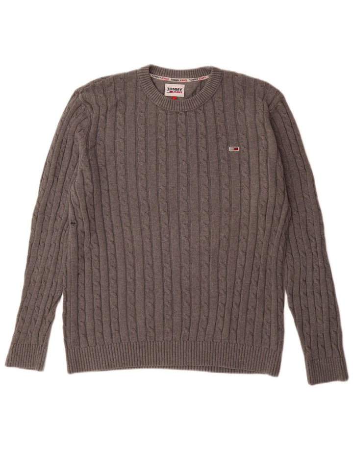 Męski sweter z okrągłym dekoltem Tommy Hilfiger, duży, szary, bawełniany