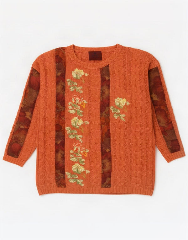 Vintage damski sweter z dekoltem w łódkę UK 14, średni pomarańczowy, kwiatowy, bawełniany