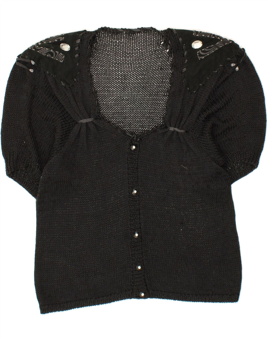 VINTAGE Womens Short Sleeve Cardigan Sweater UK 12 Medium Black Vintage Vintage and Second-Hand Vintage from Messina Hembry 