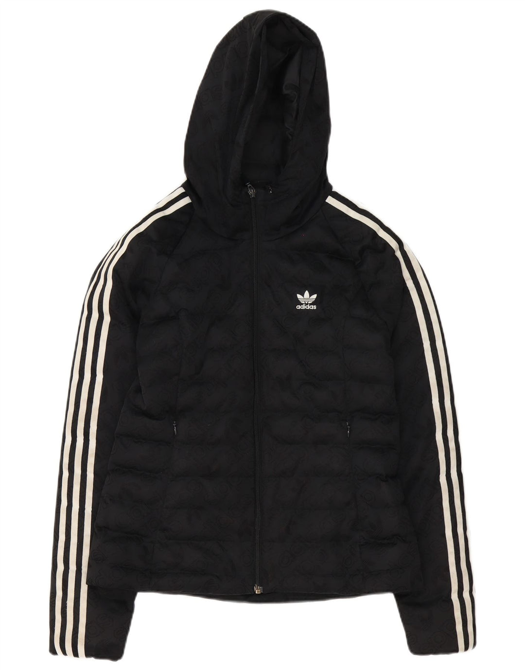 Damska kurtka Adidas z kapturem i wyściełaną grafiką UK 8, mała, czarna, poliestrowa