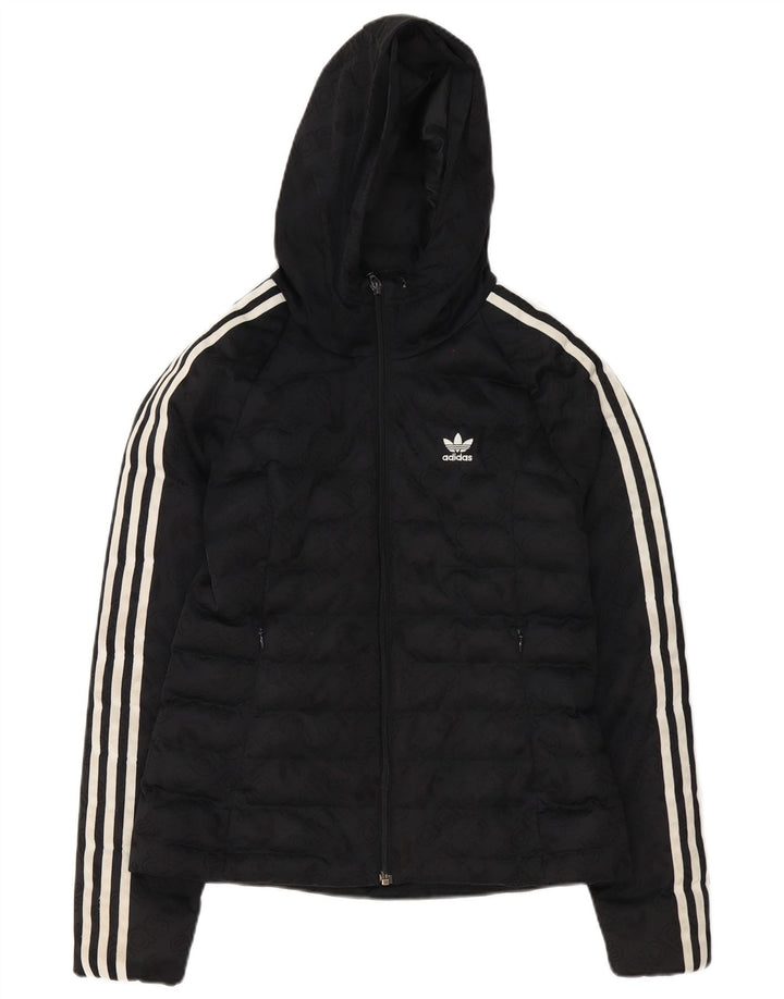 Damska kurtka Adidas z kapturem i wyściełaną grafiką UK 8, mała, czarna, poliestrowa