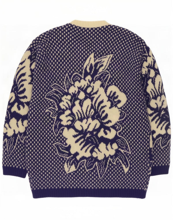 Sweter damski w stylu vintage, UK 16, duży, granatowy, z wełny w kwiaty