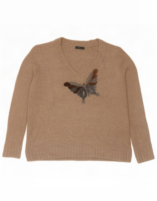 Damski sweter Zara z graficznym dekoltem w kształcie litery V, UK 16, duży, beżowy motyl