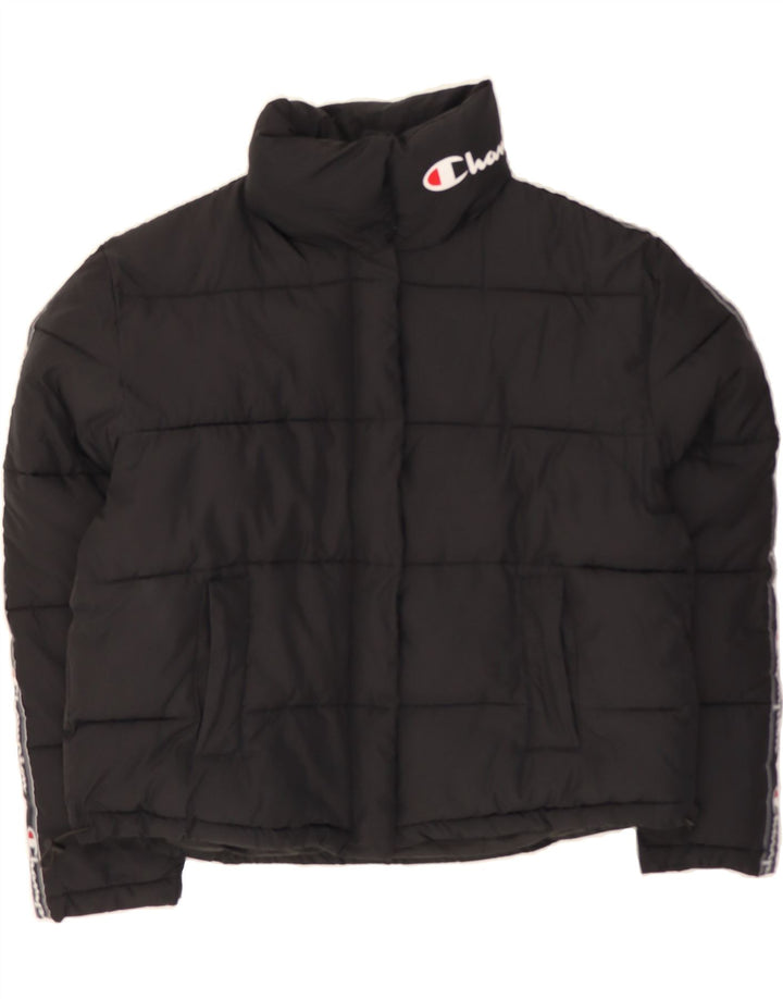 CHAMPION Womens Graphic Padded Jacket UK 16 Large Black Polyester Vintage Champion and Second-Hand Champion from Messina Hembry 