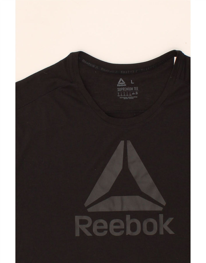 REEBOK Womens Graphic T-Shirt Top UK 16/18 Large Black Polyester Vintage Reebok and Second-Hand Reebok from Messina Hembry 
