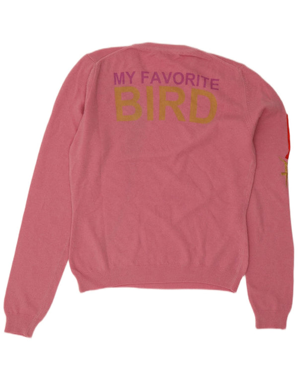 Vintage damski sweter z graficznym wycięciem pod szyją UK 10 Small Pink Bird