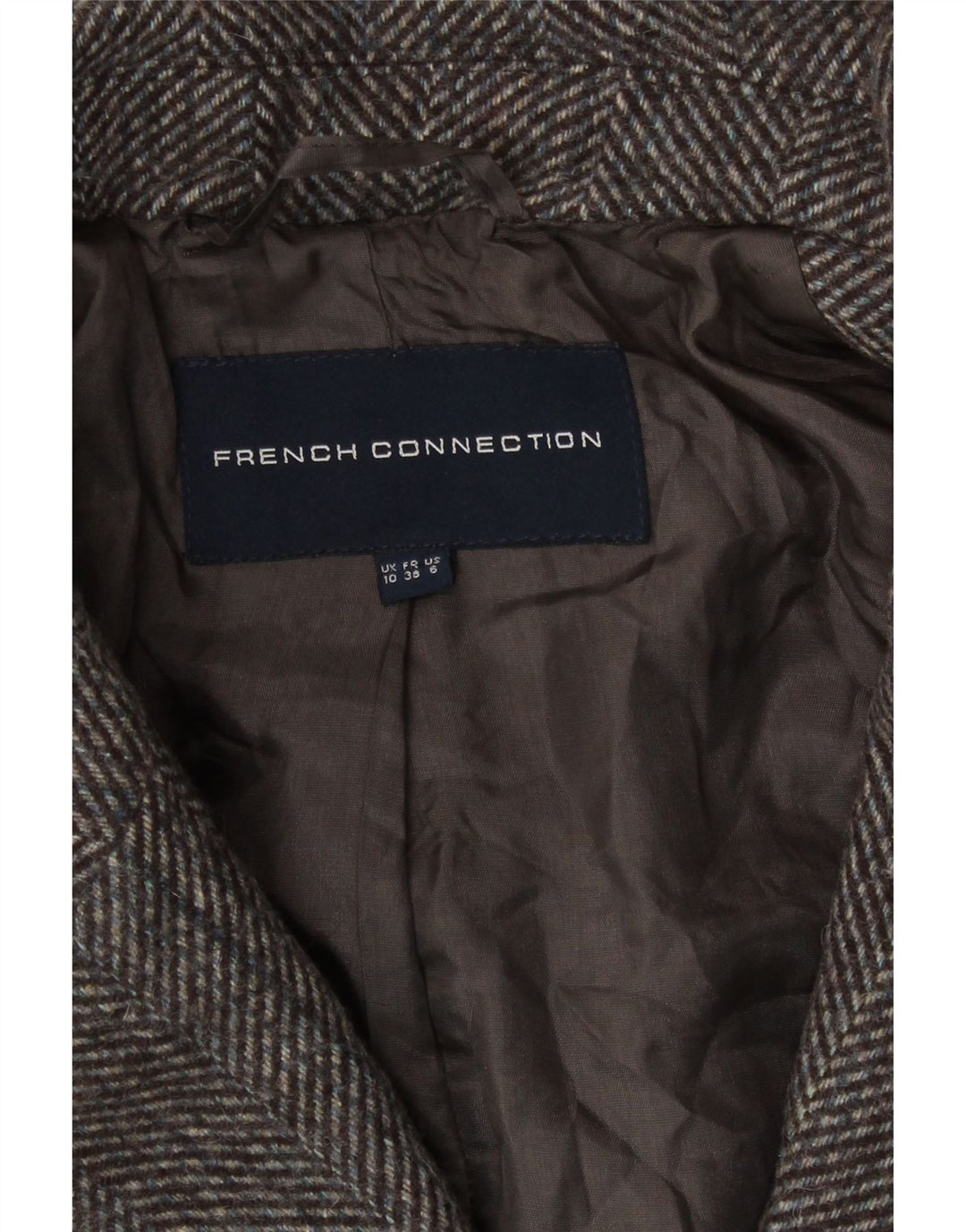 Damski płaszcz dwurzędowy French Connection UK 10 w małą brązową jodełkę