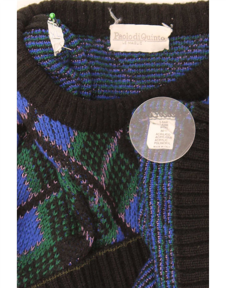 Vintage męski sweter z okrągłym dekoltem XL, niebieska tkanina argyle/diamentowa wełna
