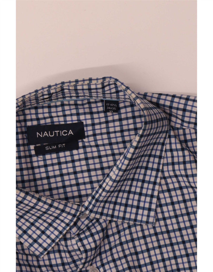 Męska koszula o dopasowanym kroju Nautica, rozmiar 17 1/2 XL, poliester w niebieską kratkę