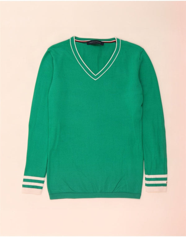 Damski sweter Tommy Hilfiger z dekoltem w kształcie litery V, UK 12, średni zielony, blok kolorów